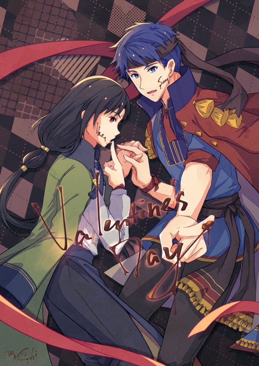 2boys, black_hair, blue_eyes, blue_hair, coat, coat_on_shoulders, facial_mark, fire_emblem