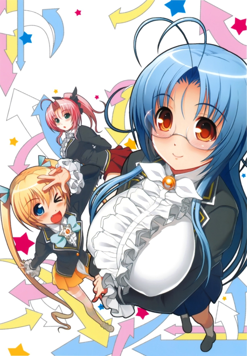 3girls, bent_over, blonde_hair, blue_eyes, blue_hair, blush, breast_lift, breasts, frills, garnet_(sumaga), glasses, green_eyes, highres, large_breasts, long_hair, mira_(sumaga), multiple_girls, nitroplus, one_eye_closed, open_mouth, pink_hair, school_uniform, smile, spica_(sumaga), sumaga, tsuji_santa, v, very_long_hair, wink