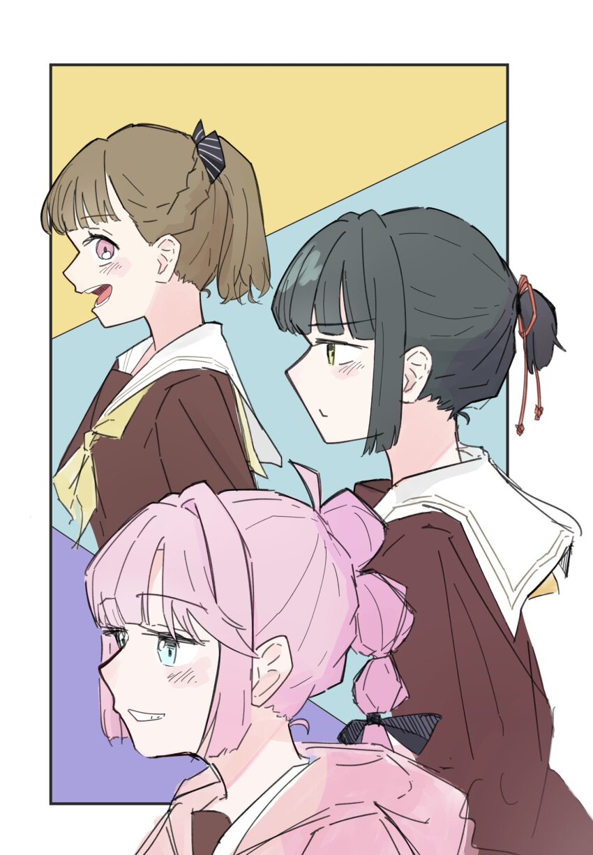 3girls, anyoji_hime, black_bow, black_hair, black_ribbon, blue_background, blue_eyes, blunt_bangs