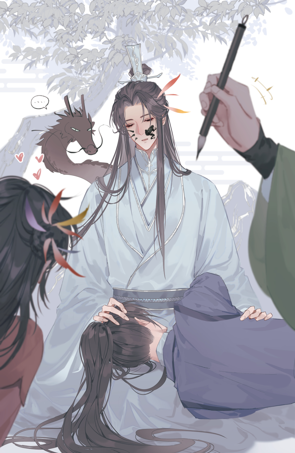 +++, ..., 1girl, 3boys, black_hair, black_sash, blue_hanfu, blurry