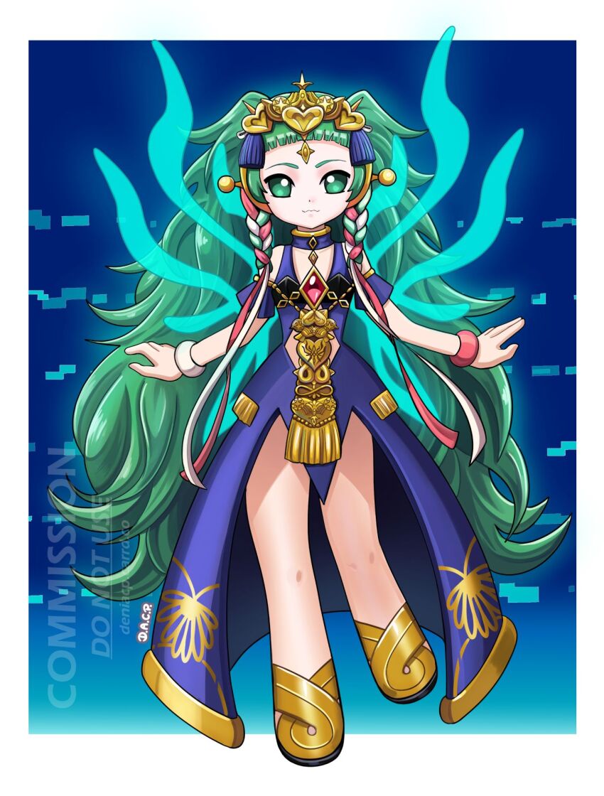 1girl, artist_name, bare_shoulders, blue_dress, blunt_bangs, braid, closed_mouth, cyber_elf_(mega_man)