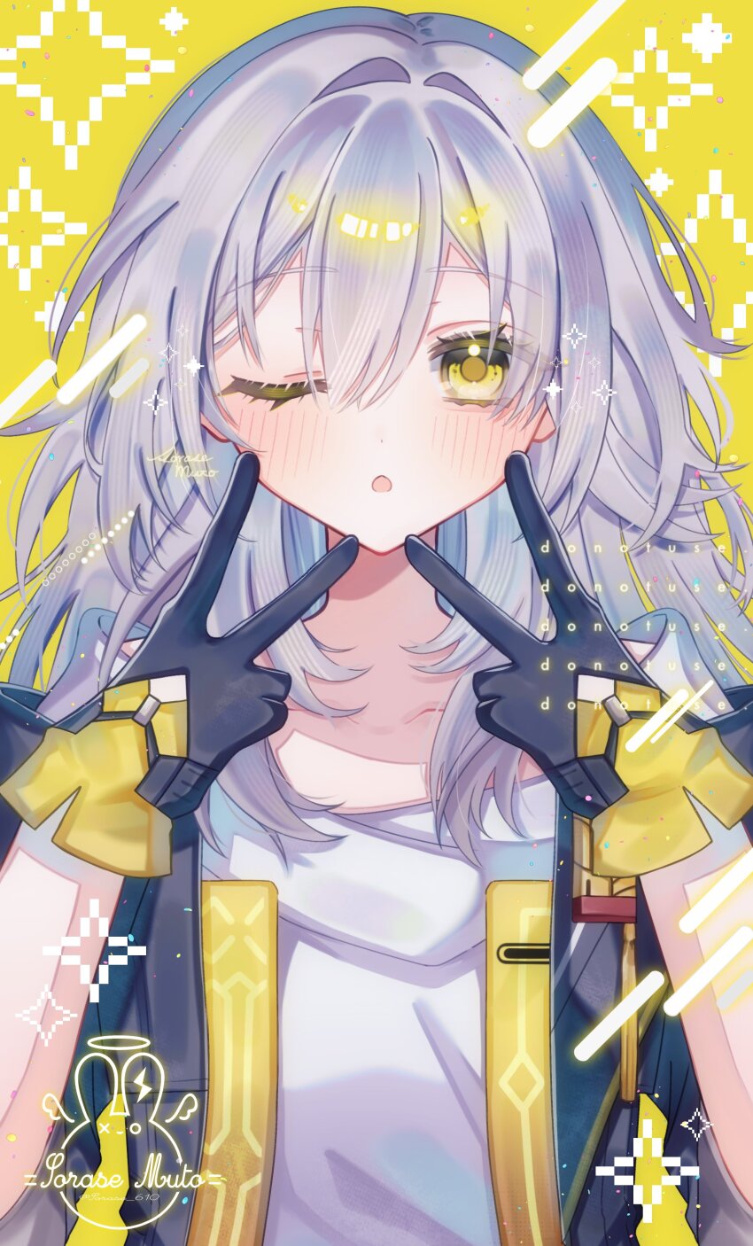 1girl, ;o, absurdres, artist_logo, artist_name, black_coat, black_gloves, coat