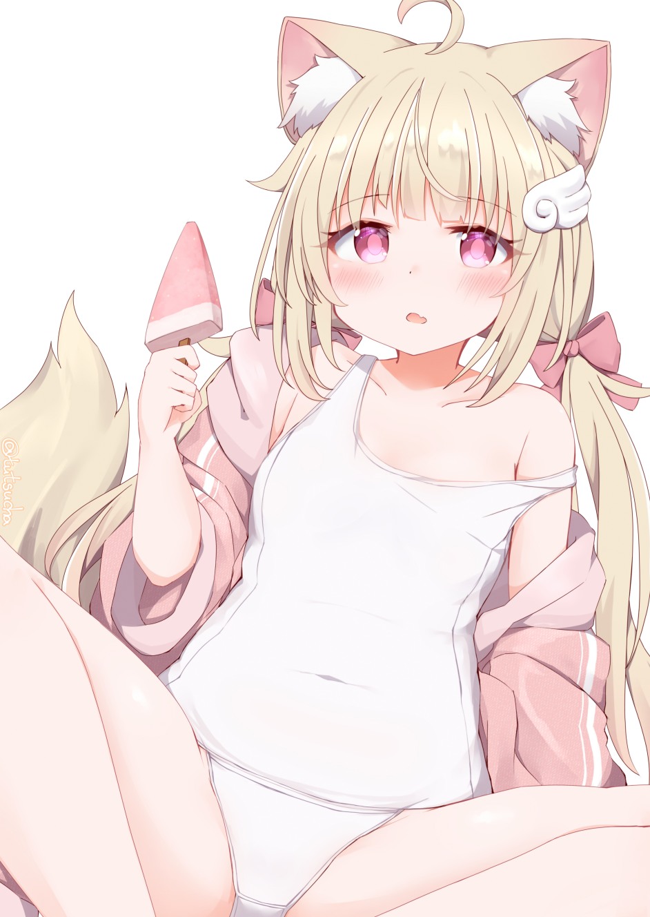1girl, ahoge, animal_ear_fluff, animal_ears, bare_legs, bare_shoulders, blonde_hair, blunt_bangs, blush, borrowed_character, bow, breasts, cat_ears, cat_girl, cat_tail, chiffon_(vrchat), clothes_down, collarbone, covered_navel, dot_nose, fang, feet_out_of_frame, flat_chest, food, hair_bow, hair_ornament, hand_up, highres, holding, holding_food, holding_ice_cream, holding_popsicle, hood, hoodie, ice_cream, jacket, jacket_partially_removed, long_hair, long_sleeves, looking_at_viewer, low_twintails, no_pants, off_shoulder, old_school_swimsuit, one-piece_swimsuit, open_clothes, open_hoodie, open_jacket, open_mouth, parted_lips, pink_bow, pink_eyes, pink_jacket, popsicle, purple_eyes, red_bow, ribbon, school_swimsuit, sidelocks, simple_background, single_bare_shoulder, sitting, skin_fang, small_breasts, solo, spread_legs, strap_slip, swimsuit, swimsuit_under_clothes, tail, thighs, tutsucha_illust, twintails, twitter_username, very_long_hair, vrchat, watermelon_bar, white_background, white_one-piece_swimsuit, wing_hair_ornament