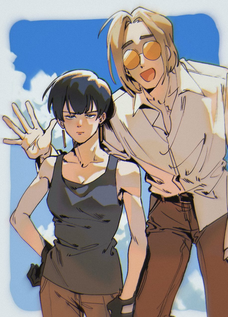 1boy, 1girl, assertive_female, black_gloves, black_hair, blonde_hair, earrings, glasses