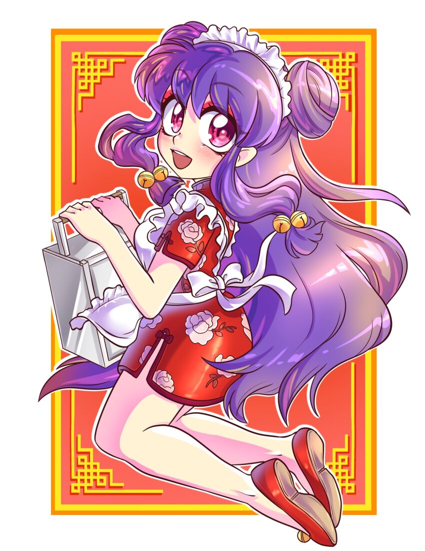 1girl, apron, bell, carolinerdraws, china_dress, chinese_clothes, double_bun, dress