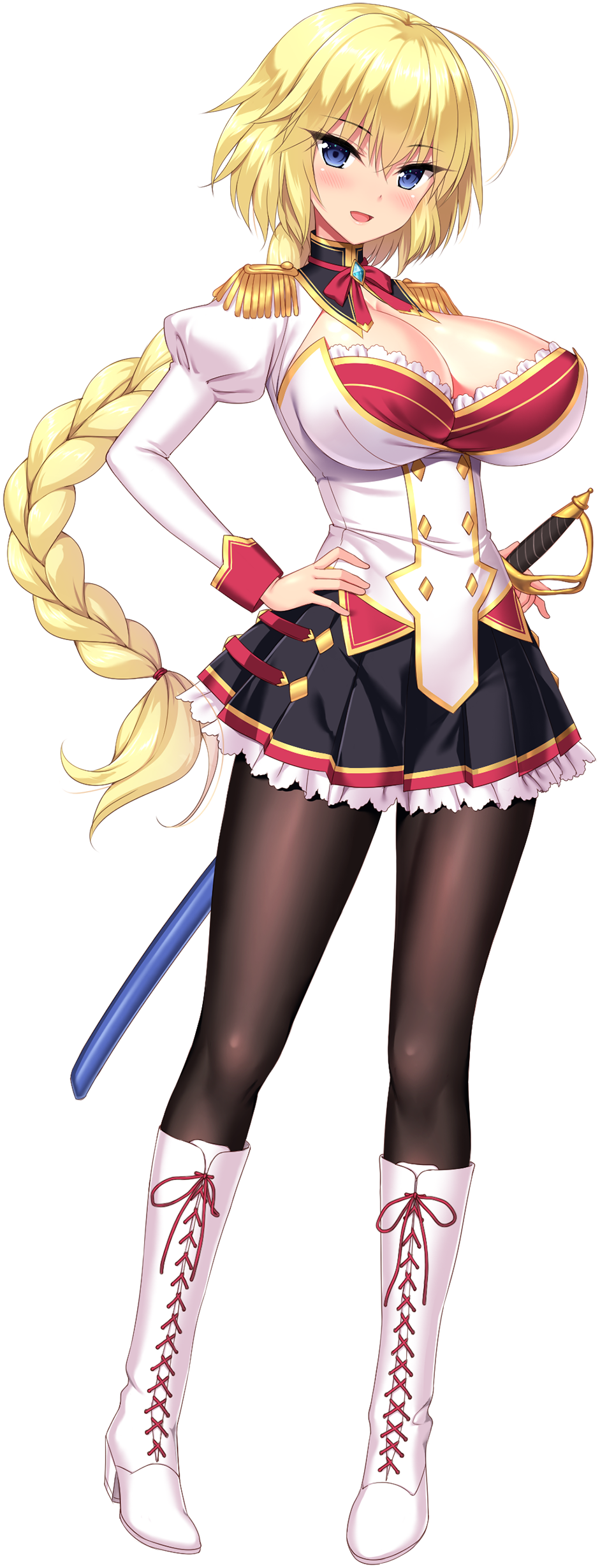 1girl, absurdres, ahoge, black_skirt, blonde_hair, blue_eyes, blush, boots