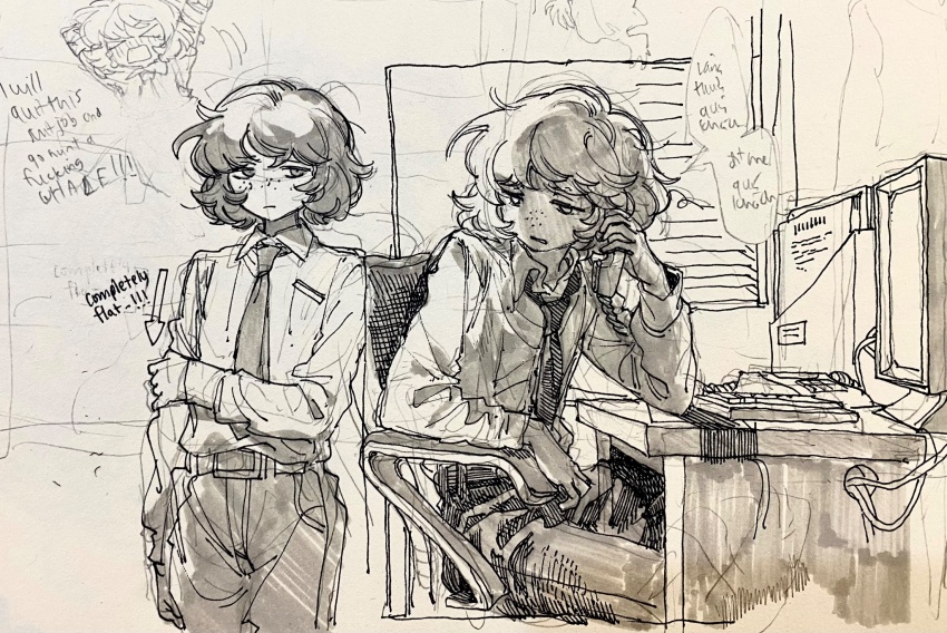 >_<, 1girl, chair, collared_shirt, corded_phone, doodle_inset, dress_shirt, english_text