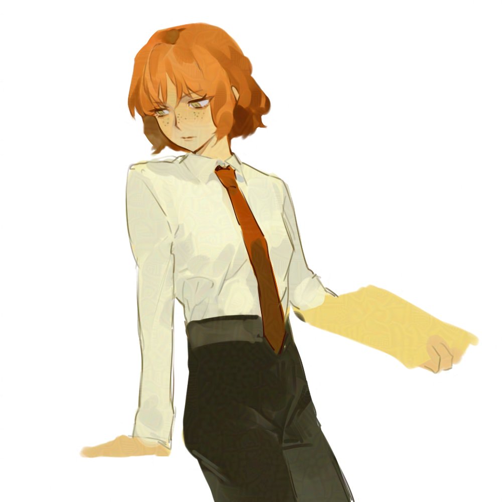 1girl, arm_at_side, black_pants, collared_shirt, cowboy_shot, suit_pants, dress_shirt, fangji0225