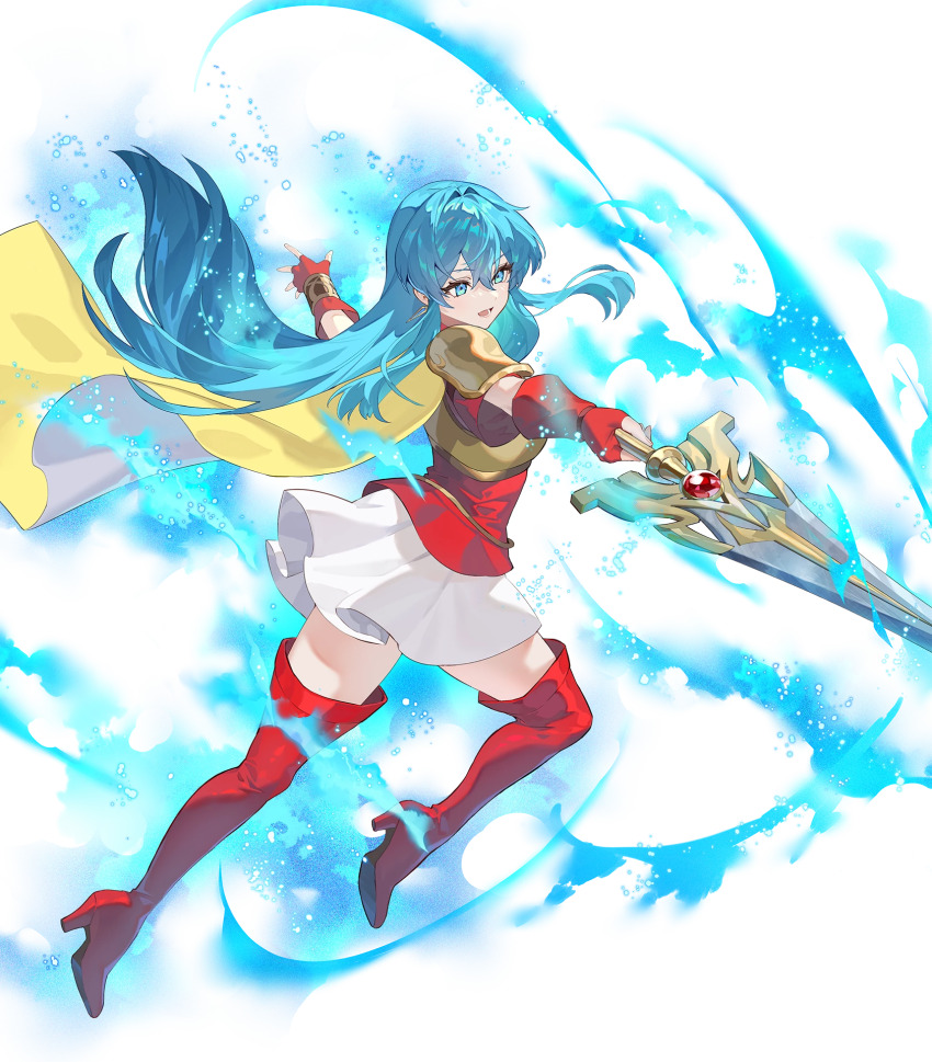 1girl, aqua_eyes, aqua_hair, armor, attack, aura, boots, breastplate, cape, eirika_(fire_emblem), emblem_(fire_emblem_engage), fingerless_gloves, fire_emblem, fire_emblem:_the_sacred_stones, fire_emblem_engage, fire_emblem_heroes, gloves, high_heel_boots, high_heels, highres, holding, holding_sword, holding_weapon, long_hair, lunge, multicolored_cape, nintendo, non-web_source, official_art, open_mouth, red_gloves, shoulder_pads, skirt, solo, sword, thigh_boots, weapon, white_cape, white_skirt, yellow_cape