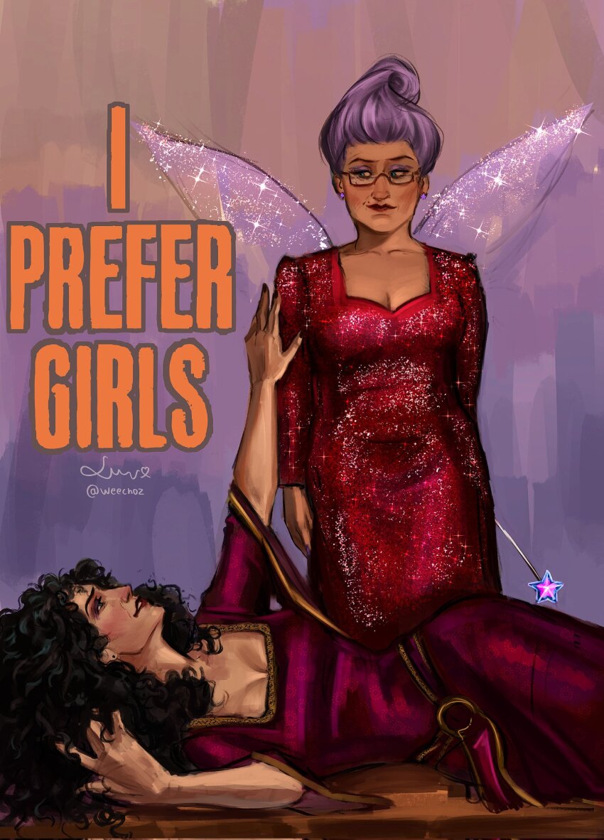 2girls, black_hair, breasts, cleavage, crossover, curled_horns, disney, dreamworks