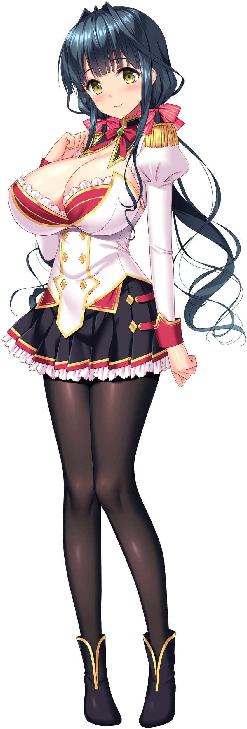1girl, absurdres, black_hair, black_pantyhose, black_shoes, black_skirt, blush, breasts, cleavage, cleavage_cutout, closed_mouth, clothing_cutout, curly_hair, derauea, full_body, game_cg, highres, juliet_sleeves, large_breasts, long_hair, long_sleeves, looking_at_viewer, low_twintails, lydia_luitgard, motto!_haramase!_(series), motto!_haramase!_honoo_no_oppai_isekai_ero_mahou_gakuen!, non-web_source, official_art, pantyhose, puffy_sleeves, red_ribbon, ribbon, school_uniform, shirt, shoes, skirt, smile, solo, sprite, tachi-e, transparent_background, twintails, white_shirt, yellow_eyes