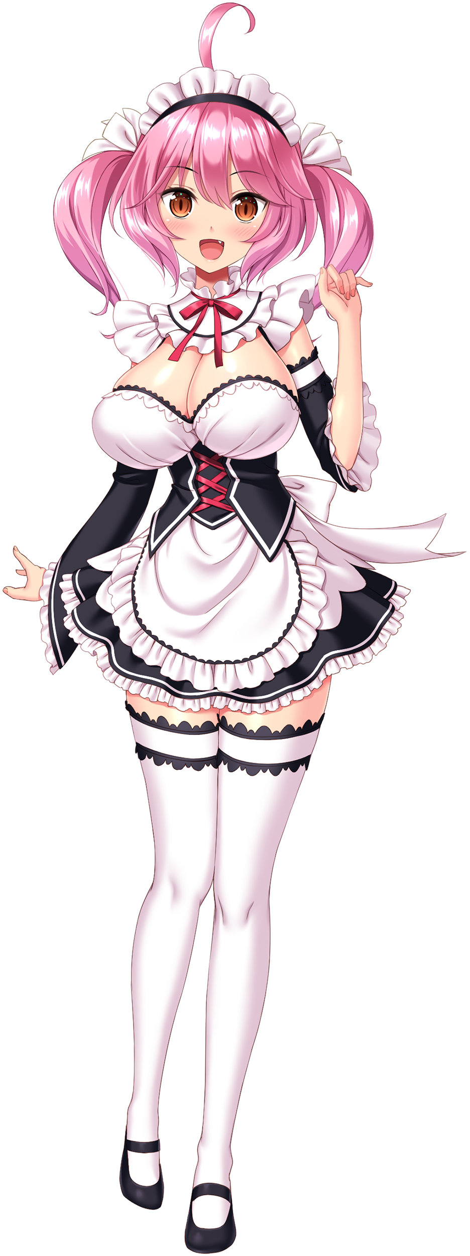 1girl, :d, absurdres, ahoge, alternate_costume, apron, arm_up, black_dress