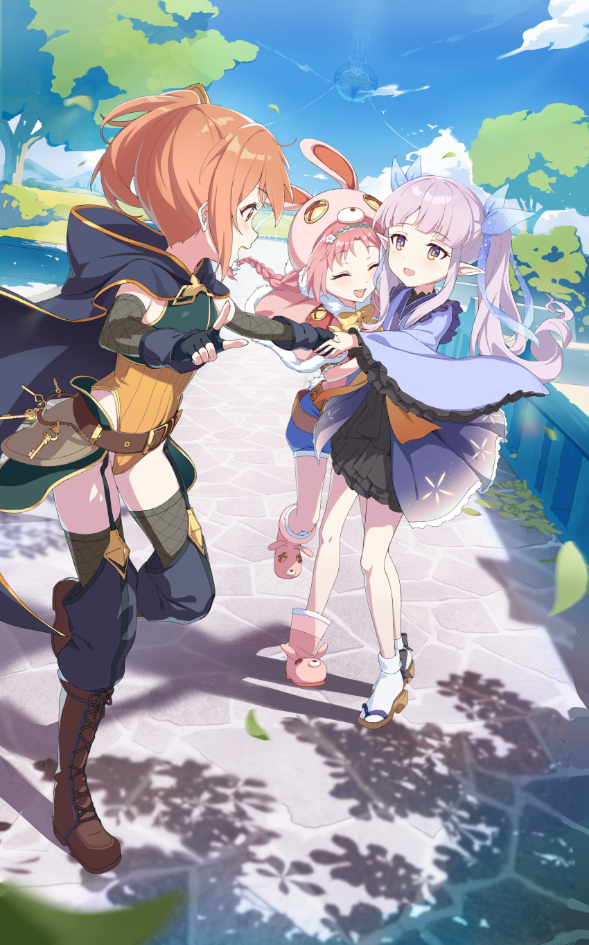 3girls, absurdres, animal_hat, asymmetrical_footwear, belt, blue_shorts, blue_sky, boots, braid, brown_belt, brown_boots, cape, closed_eyes, elf, fantasy, fingerless_gloves, fishnet_gloves, fishnet_thighhighs, fishnets, frilled_sleeves, frills, full_body, gloves, hat, highres, hood, hooded_cape, kyoka_(princess_connect!), leaf, leotard, little_lyrical, looking_at_another, mimi_(princess_connect!), misogi_(princess_connect!), multiple_girls, open_mouth, orange_hair, orange_leotard, outdoors, pink_hair, pointing, pointy_ears, princess_connect!, purple_hair, rabbit_hat, ribbed_leotard, shorts, side_ponytail, sidelocks, sky, smile, thighhighs, tree, twintails, uneven_footwear, wide_sleeves, xubai