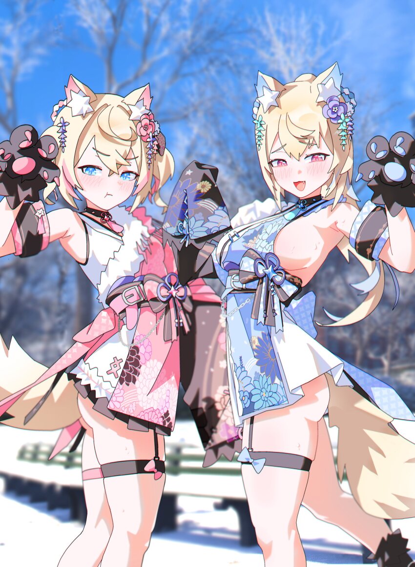 2girls, absurdres, animal_ear_fluff, animal_ears, animal_hands, ass, belt, black_choker