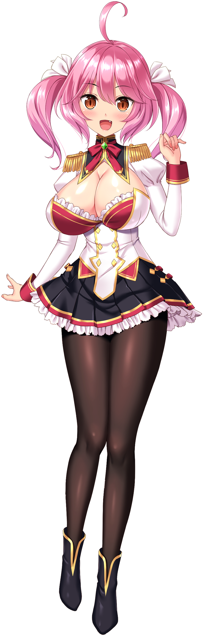 1girl, :d, absurdres, ahoge, arm_up, black_pantyhose, black_shoes, black_skirt