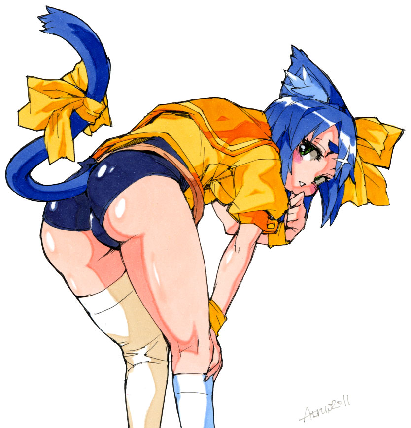 1girl, animal_ears, ass, atorasu, bad_id, bad_pixiv_id, bent_over, blue_eyes, blue_hair, cat, cat_ears, cat_girl, cat_tail, female_focus, mahou_shoujo_neko_x, matching_hair/eyes, one-piece_swimsuit, peke_(mahou_shoujo_neko_x), scar, school_swimsuit, solo, swimsuit, tail, traditional_media, white_background