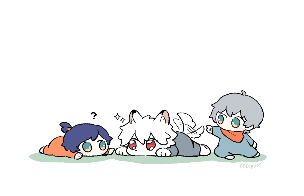 1girl, 2boys, ?, animal_ear_fluff, animal_ears, artist_name, baby, belle_(zenless_zone_zero)