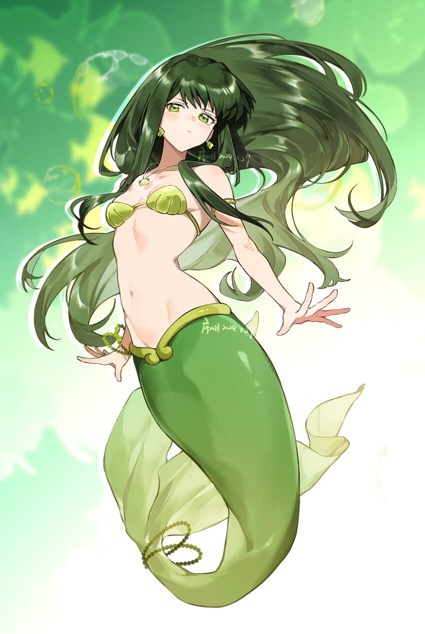 1girl, artist_name, bead_necklace, beads, bikini, blush, breasts, closed_mouth