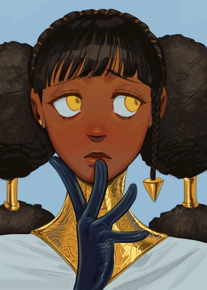 1girl, afro_puffs, black_gloves, black_hair, braid, dark-skinned_female, dark_skin, desscaras, drugsandsocks, earrings, eyelashes, furrowed_brow, gloves, hair_bun, hand_to_own_mouth, hand_up, high_collar, highres, jewelry, light_blush, long_hair, looking_to_the_side, madan_no_ichi, multi-tied_hair, portrait, side_braid, single_braid, solo, stud_earrings, twintails, very_dark_skin, yellow_eyes