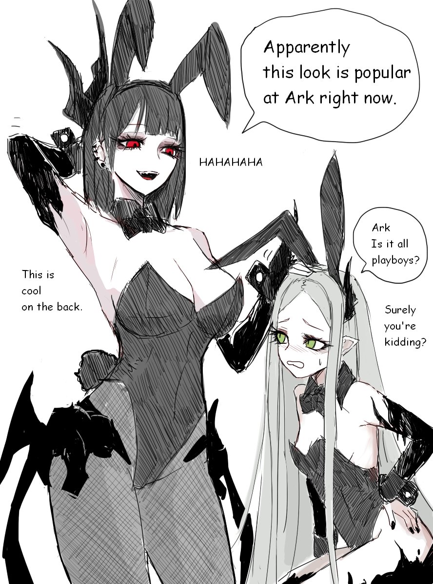 2girls, animal_ears, behemoth_(nikke), black_hair, black_liquid, black_nails, fangs, fantomyu, fishnets, goddess_of_victory:_nikke, green_eyes, grey_hair, horns, leviathan_(nikke), liquid_clothes, long_hair, multiple_girls, pale_skin, piercing, playboy_bunny, pointy_ears, rabbit_ears, red_eyes, white_background