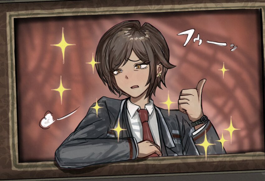 1girl, black_vest, brown_eyes, brown_hair, collared_shirt, dark_skin, earrings, highres