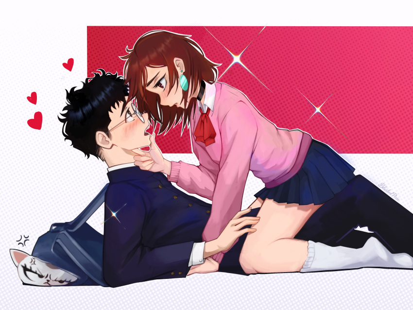 1boy, 1girl, absurdres, anger_vein, ayase_momo, bag, black_choker, black_hair