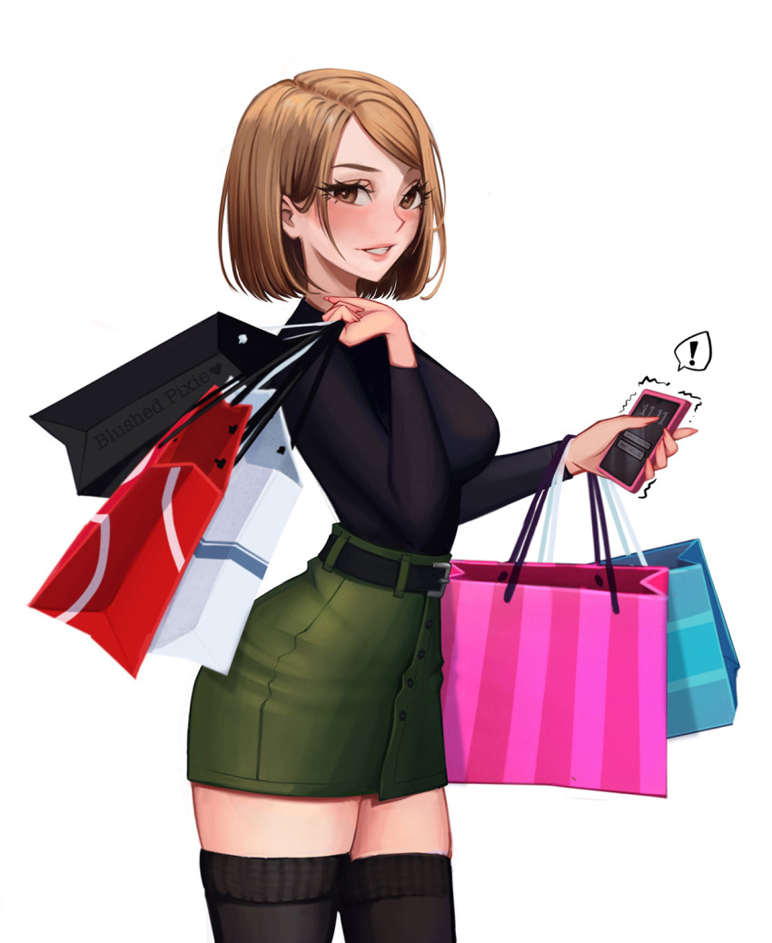 !, 1girl, bag, belt, black_skirt, black_thighhighs, blush, blushedpixie