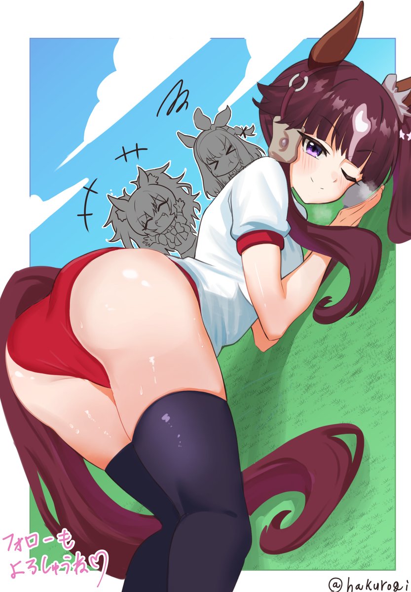 >_<, 3girls, almond_eye_(umamusume), animal_ears, ass, blast_onepiece_(umamusume), breasts, buruma