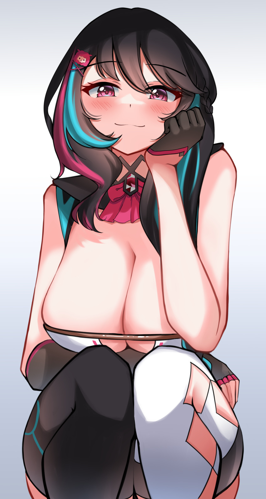 1girl, absurdres, arm_under_breasts, asymmetrical_gloves, black_gloves, black_hair, black_thighhighs, blue_hair