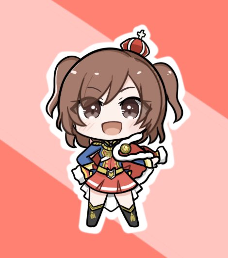 1girl, :d, aijo_karen, belt, belt_buckle, black_boots, blue_jacket, blush, boots, brown_eyes, brown_hair, buckle, chibi, crown, epaulettes, full_body, fur-trimmed_jacket, fur_trim, hand_on_own_hip, hand_up, happa_no_tanupon, jacket, jacket_on_shoulders, long_sleeves, looking_at_viewer, mini_crown, miniskirt, multicolored_jacket, open_mouth, outline, outstretched_arm, pink_background, red_background, red_jacket, red_skirt, sash, short_hair, shoujo_kageki_revue_starlight, shoulder_sash, single_stripe, skirt, smile, solo, standing, striped_clothes, striped_skirt, tassel, tilted_headwear, two-tone_background, two-tone_jacket, two_side_up, waist_cape, white_outline, white_sash, yellow_belt