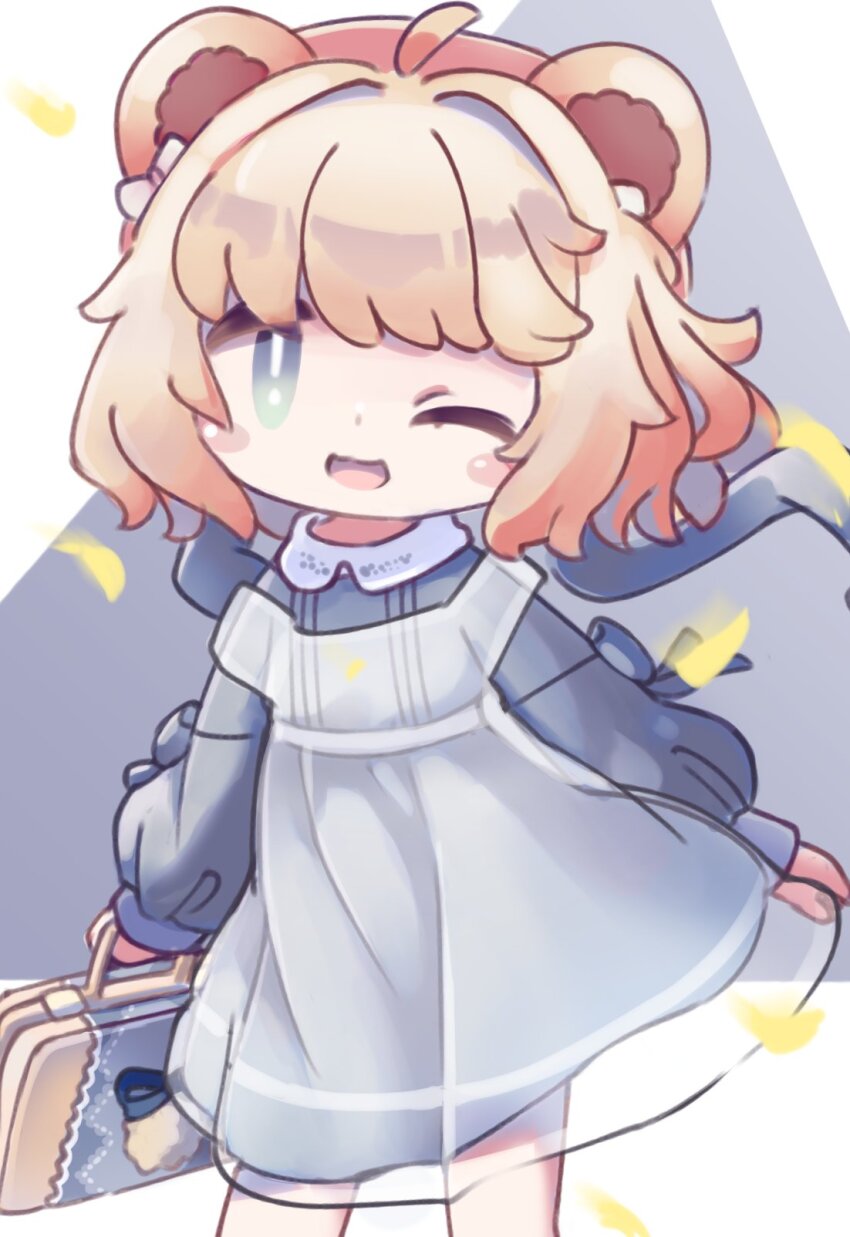 1girl, ;d, ahoge, animal_ears, bag, bear_ears, bear_girl, blonde_hair