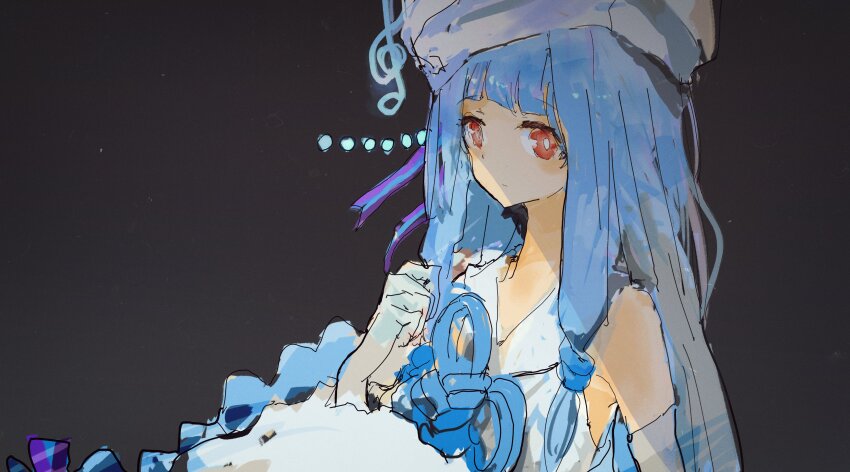 1girl, absurdres, black_background, blue_hair, blunt_bangs, closed_mouth, commentary_request, dress