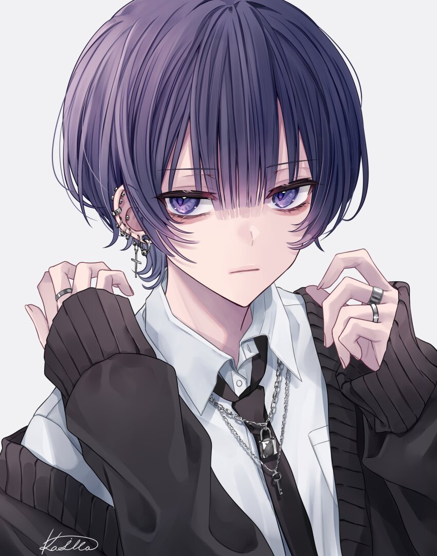 1boy, black_jacket, black_necktie, blue_eyes, blue_hair, chain, closed_mouth, clothes_pull