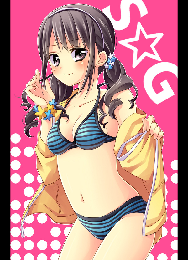 1girl, bad_id, bad_pixiv_id, bikini, black_eyes, black_hair, female_focus, jacket, katsuka_rino, pillarboxed, riku_(melty_drop), solo, striped_bikini, striped_clothes, super_girls, swimsuit, twintails