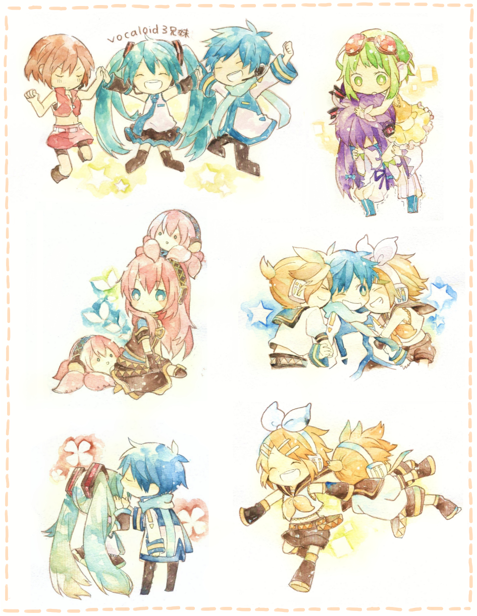 3boys, 5girls, aqua_hair, bad_id, bad_pixiv_id, blonde_hair, blue_hair, brown_hair