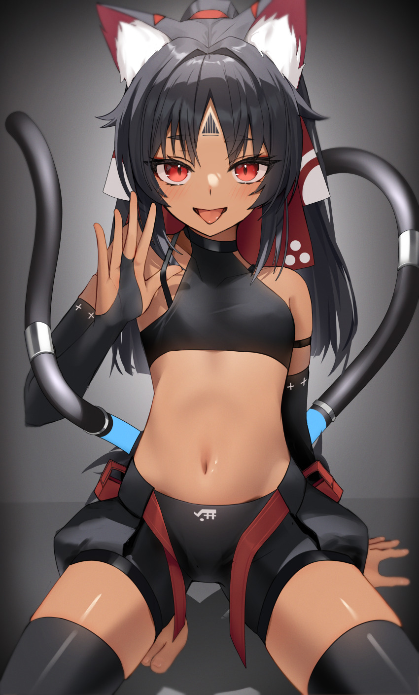 1girl, absurdres, animal_ear_fluff, animal_ears, black_hair, black_shorts, blush, breasts