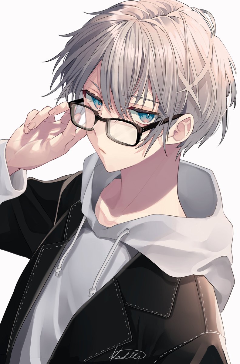 1boy, black-framed_eyewear, black_jacket, blue_eyes, closed_mouth, clothes_pull, glasses, grey_hair