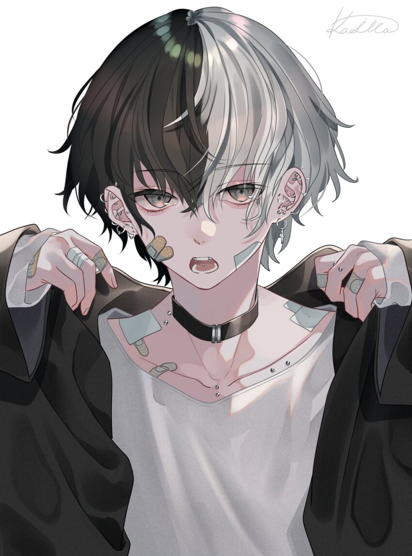 1boy, bandaid, bandaid_on_arm, bandaid_on_cheek, bandaid_on_face, black_choker, black_hair, black_jacket