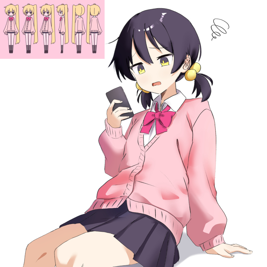 1girl, akita_neru, black_hair, blonde_hair, bow, bowtie, cardigan, cellphone, fingernails, hair_between_eyes, highland, highres, holding, holding_phone, kaai_yuki, looking_at_phone, open_mouth, phone, pink_bow, pink_bowtie, pink_cardigan, screenshot_inset, short_hair, side_ponytail, simple_background, sitting, smartphone, solo, squiggle, twintails, vocaloid, white_background, yellow_eyes, zako_(vocaloid)