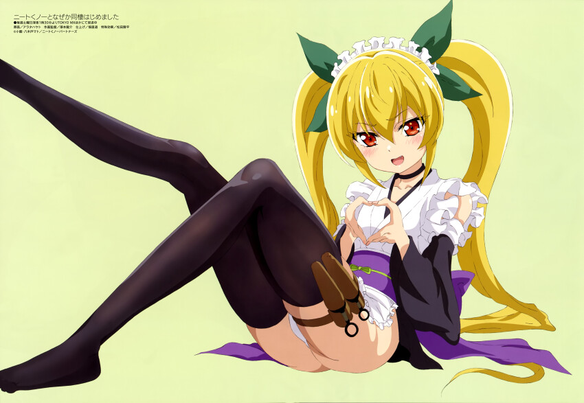 1girl, absurdres, arata_hayato, black_thighhighs, blonde_hair, highres, holster, kunai, long_hair, looking_at_viewer, megami_magazine, natsumi_kanna_(neet_kunoichi), neet_de_otaku_na_kunoichi_to_naze_ka_dousei_hajimemashita, obi, panties, sash, solo, thigh_holster, thighhighs, twintails, underwear, weapon, white_panties