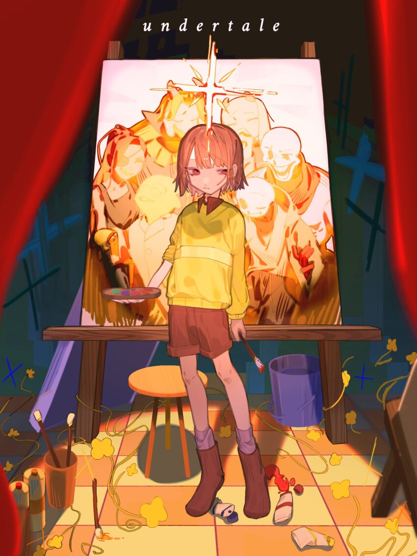 1other, alphys, anniversary, asgore_dreemurr, bottle, brown_hair, brown_shoes, brown_shorts