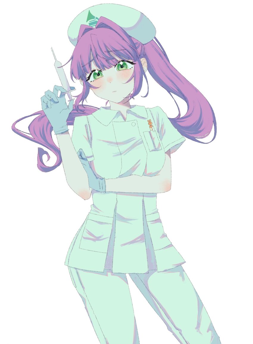 1girl, alternate_costume, arm_under_breasts, blue_gloves, breast_pocket, collared_shirt, commentary, contrapposto, cowboy_shot, floating_hair, gloves, green_eyes, green_hat, green_pants, green_shirt, hair_intakes, hat, highres, holding, holding_syringe, latex, latex_gloves, light_frown, link!_like!_love_live!, long_hair, love_live!, nurse, nurse_cap, object_in_pocket, otomune_kozue, pants, pen_in_pocket, pocket, ponytail, shirt, short_sleeves, sidelocks, simple_background, solo, stew_youbi, syringe, very_long_hair, virtual_youtuber, white_background