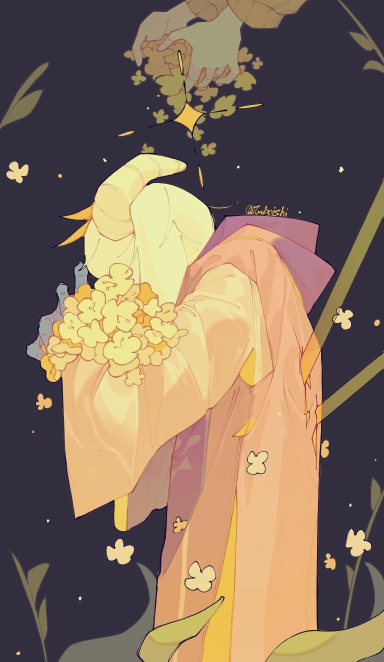 1boy, asriel_dreemurr, asriel_dreemurr_(god_of_hyperdeath), flower, goat_boy, green_sweater, highres, holding