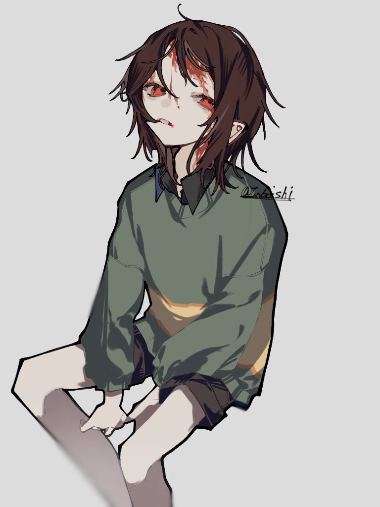 1other, blood, blood_on_face, brown_hair, brown_shorts, chara_(undertale), green_sweater, grey_background