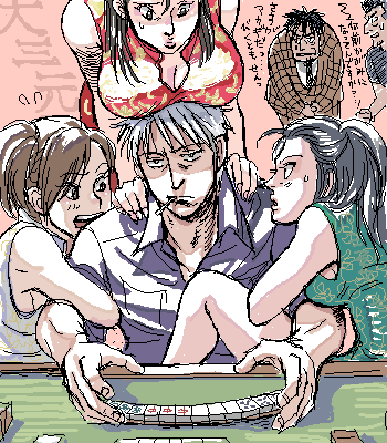 3boys, 3girls, akagi, akagi:_yami_ni_oritatta_tensai, akagi_shigeru, breast_rest, breasts, breasts_on_head, china_dress, chinese_clothes, dress, fukumoto_mahjong, large_breasts, lowres, mahjong_table, medium_breasts, multiple_boys, multiple_girls, oekaki, table, yasuoka
