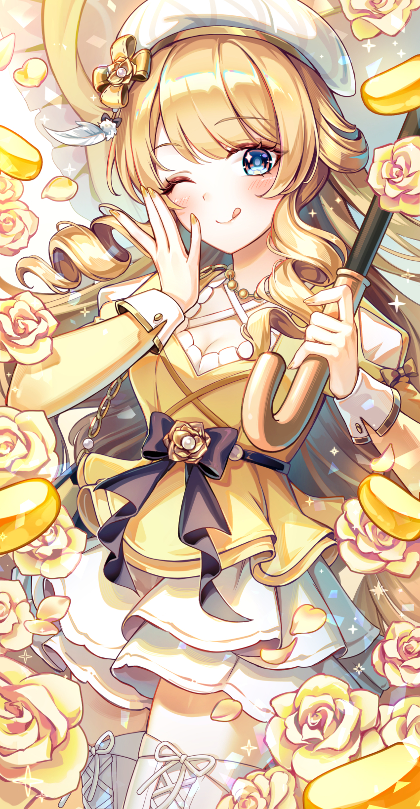 1girl, ;p, absurdres, alternate_costume, beret, blonde_hair, blue_eyes, commentary, cowboy_shot, drill_hair, genshin_impact, hat, highres, holding, holding_umbrella, juliet_sleeves, karen_(navy_42), layered_skirt, licking_lips, long_hair, long_sleeves, looking_at_viewer, navia_(bacchus_taste_jelly)_(genshin_impact), navia_(genshin_impact), one_eye_closed, puffy_sleeves, shirt, skirt, solo, untranslatable_commentary, thighhighs, tongue, tongue_out, twin_drills, umbrella, white_hat, white_skirt, white_thighhighs, yellow_shirt