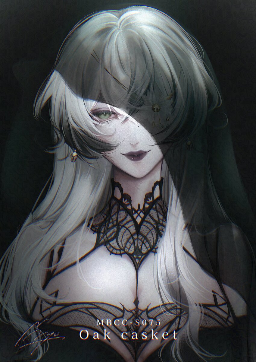 1girl, absurdres, adversarial_noise, between_breasts, black_background, black_veil, breasts, character_name