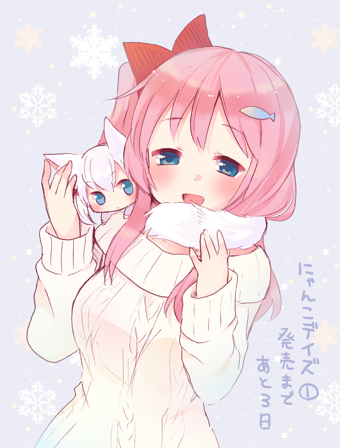 2girls, blue_eyes, blush, bow, chibi, elza_(nyanko_days), fish_hair_ornament, grey_background