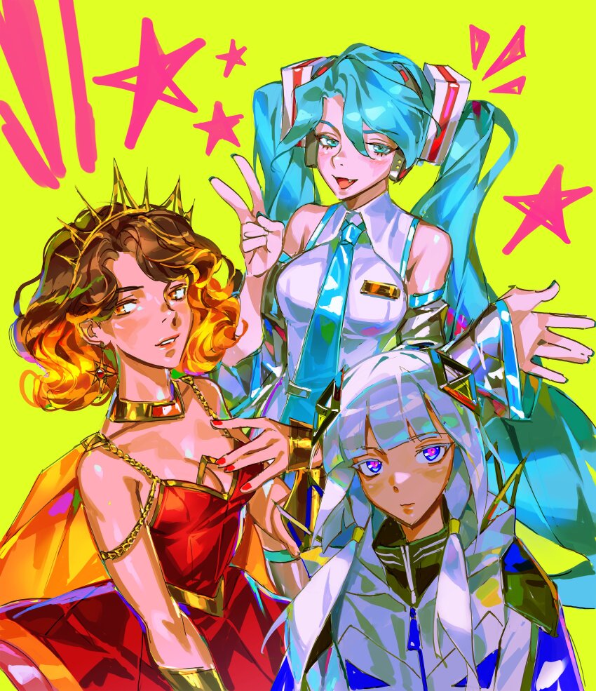 3girls, 777precursor, :d, absurdres, aqua_eyes, aqua_hair, bare_shoulders, black_sleeves, blue_eyes, breasts, brown_hair, cape, cevio, cleavage, closed_mouth, collared_shirt, colored_eyelashes, commentary, detached_sleeves, dress, english_commentary, fang, fingernails, gradient_hair, green_background, hair_between_eyes, hair_ornament, hand_on_own_chest, hatsune_miku, highres, jacket, kafu_(cevio), long_hair, looking_at_viewer, multicolored_hair, multiple_girls, nail_polish, open_mouth, orange_eyes, orange_hair, pink_pupils, red_dress, red_nails, shirt, sleeveless, sleeveless_shirt, smile, solaria_(synthesizer_v), star_(symbol), synthesizer_v, teeth, tiara, tie_clip, triangle_hair_ornament, twintails, v, very_long_hair, vocaloid, white_hair, white_jacket, white_shirt, zipper_pull_tab