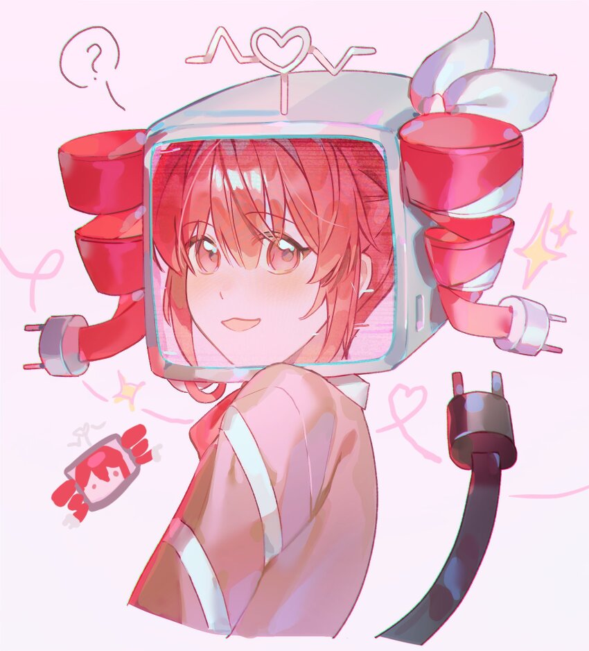 1girl, ?, adapted_costume, blush, bow, cable, cropped_torso, from_side, gradient_background, hair_bow, hair_ribbon, highres, igaku_(utau), kasane_teto, kasane_teto_(sv), looking_at_viewer, machine_love_(synthesizer_v), nahuhnaur, open_mouth, pink_background, red_eyes, ribbon, spoken_question_mark, synthesizer_v, upper_body, utau, white_bow, white_ribbon